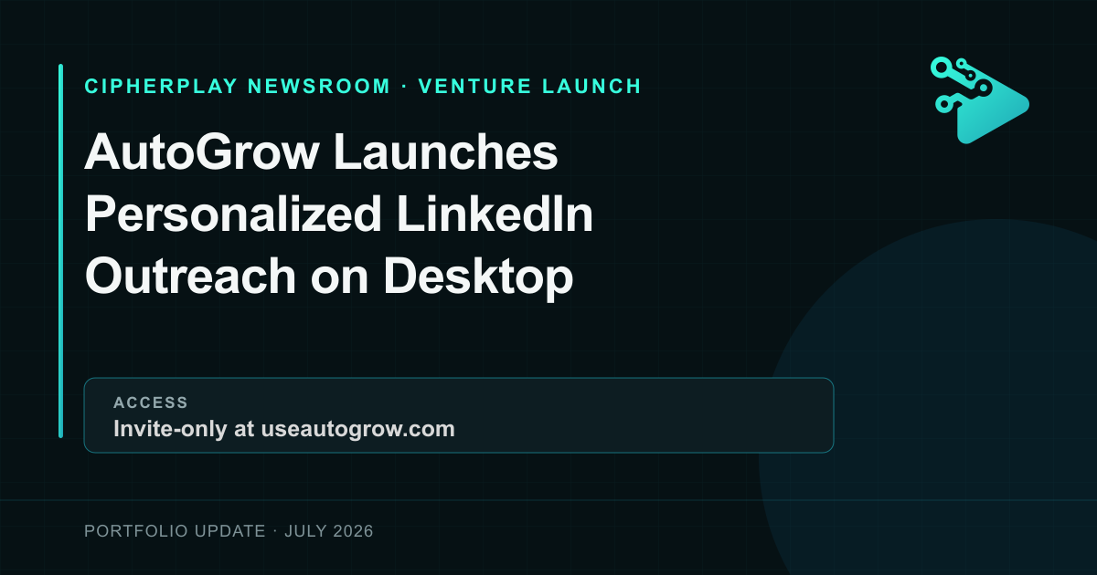 CipherPlay portfolio-update graphic announcing AutoGrow's invite-only desktop app for personalized LinkedIn outreach.