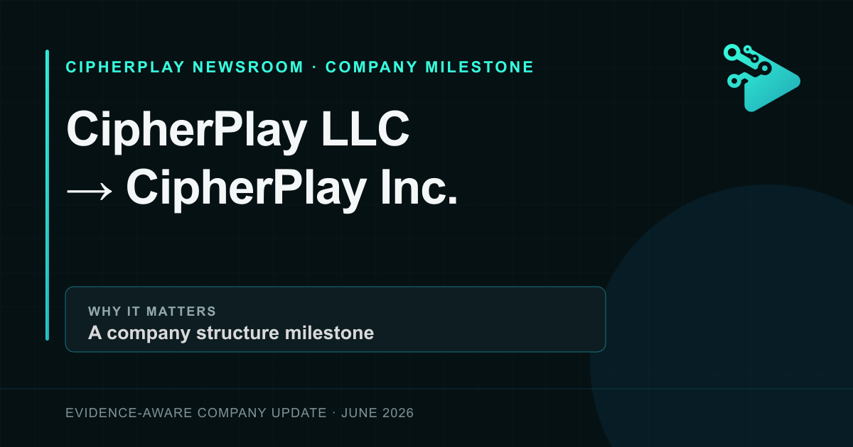 CipherPlay graphic announcing the transition from CipherPlay LLC to CipherPlay Inc. as a company structure milestone.