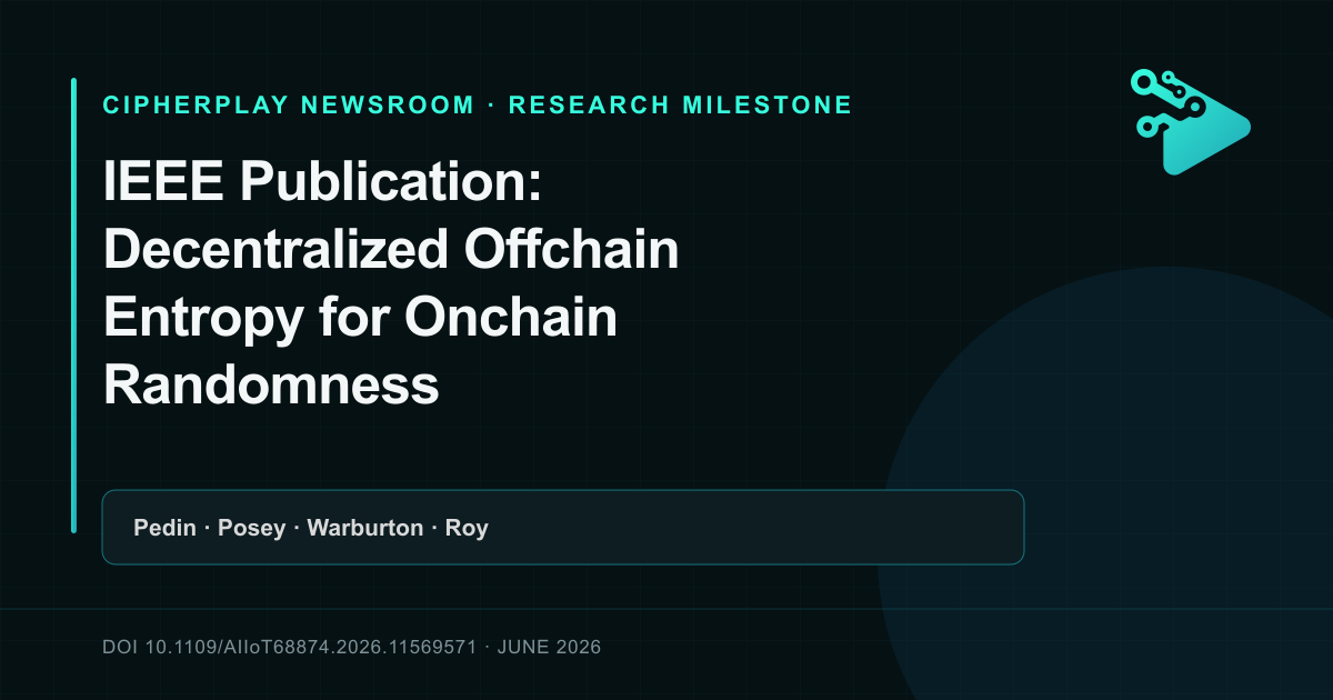 CipherPlay research graphic naming an IEEE proceedings paper on decentralized offchain entropy for onchain randomness and its four authors.